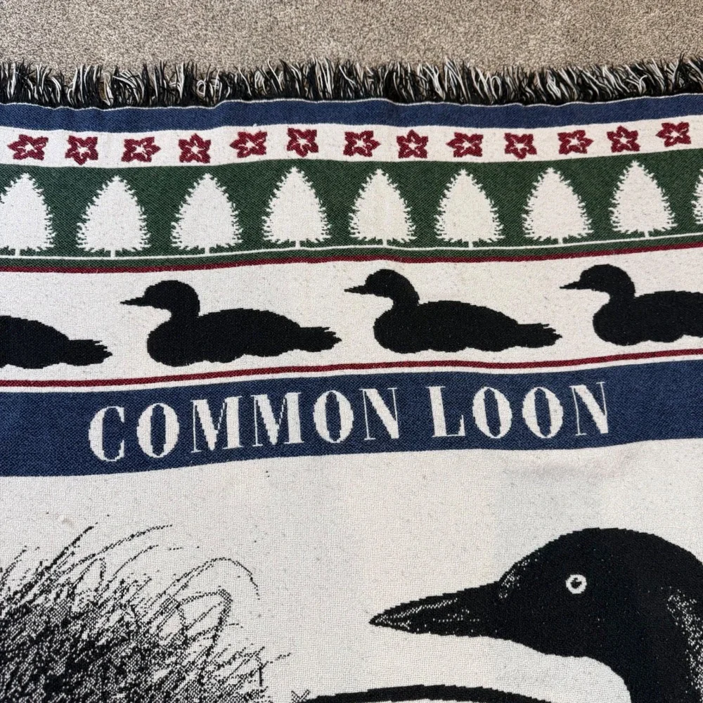 Vintage Common Loon Gavia Immer Woven Tapestry Throw Blanket Fringed Cabin Decor
